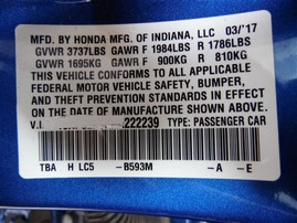 2017 Honda Civic Lx Blue Sedan 2.0L AT #A21399